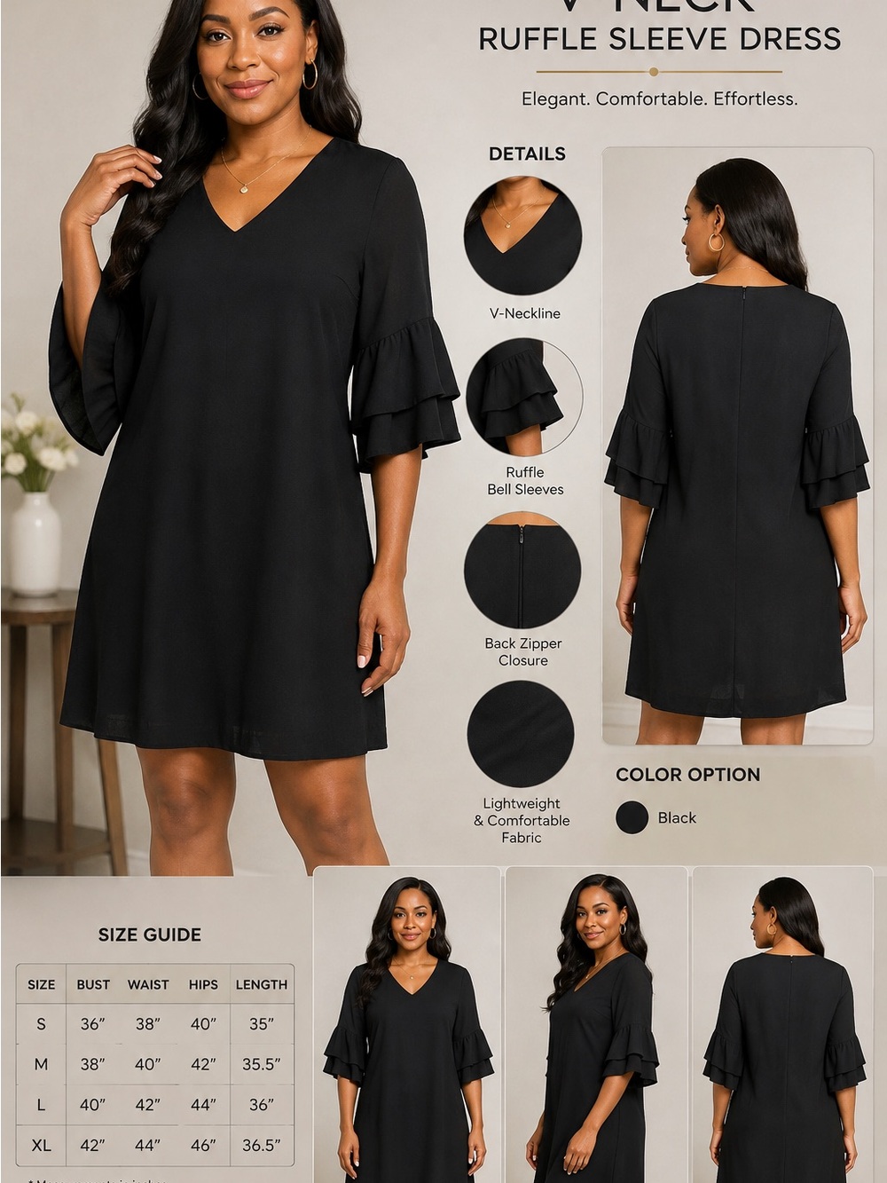 Black V-Neck Ruffle Sleeve Dress